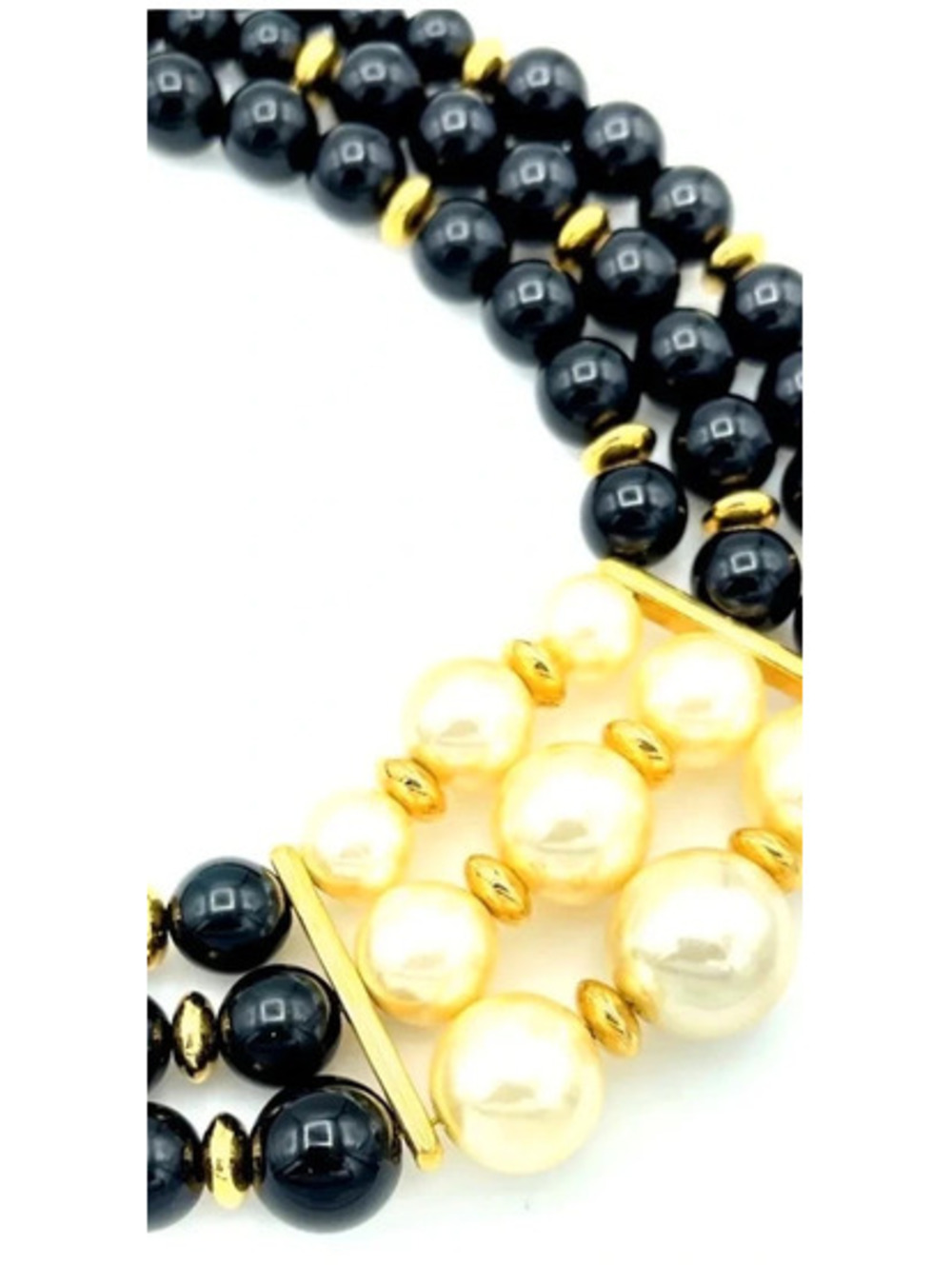 Vintage Napier 3 strands Black Beads And Faux Pearl Necklace